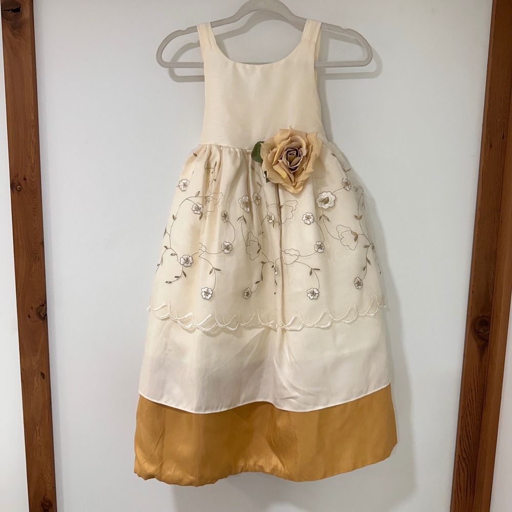 Elena Collection Champagne Floral Embroidered Dress Flower Girl Size 7-8 Wedding